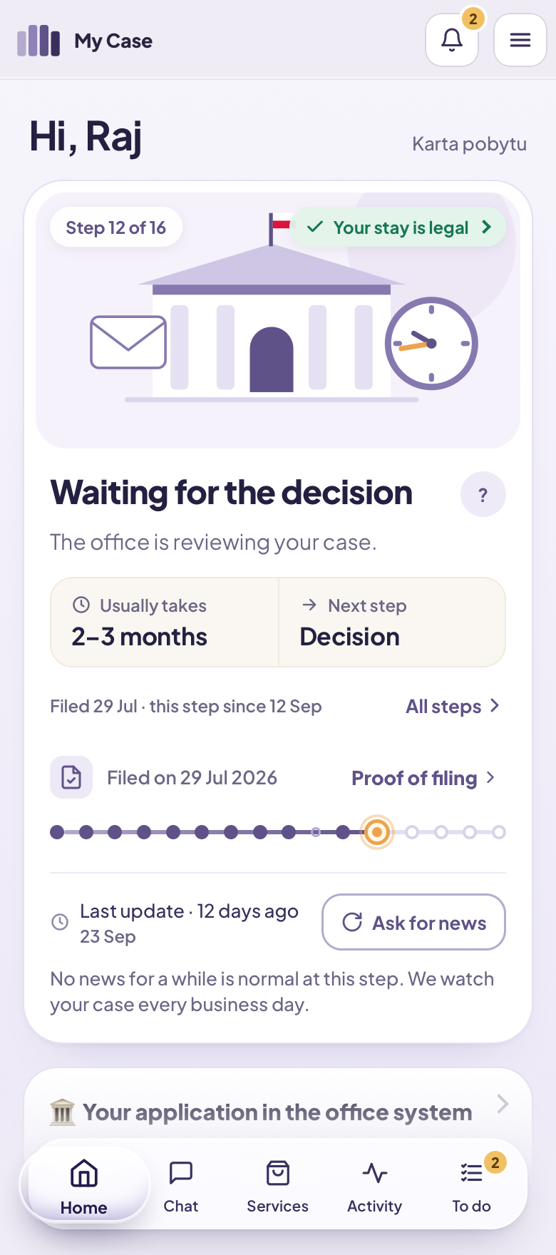 Your case step by step with dates