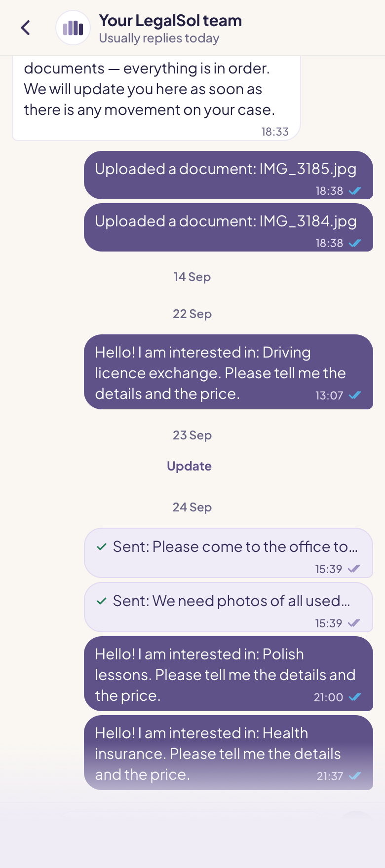 The chat with a LegalSol specialist inside the portal, with a document attached