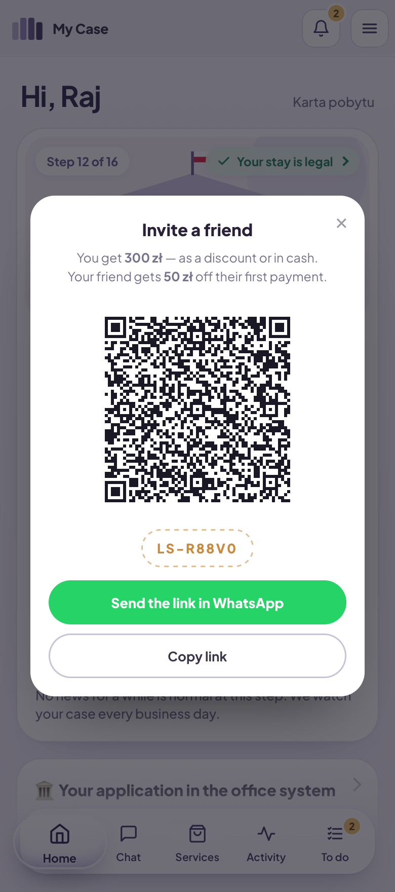 Referral programme — personal code, QR and earnings