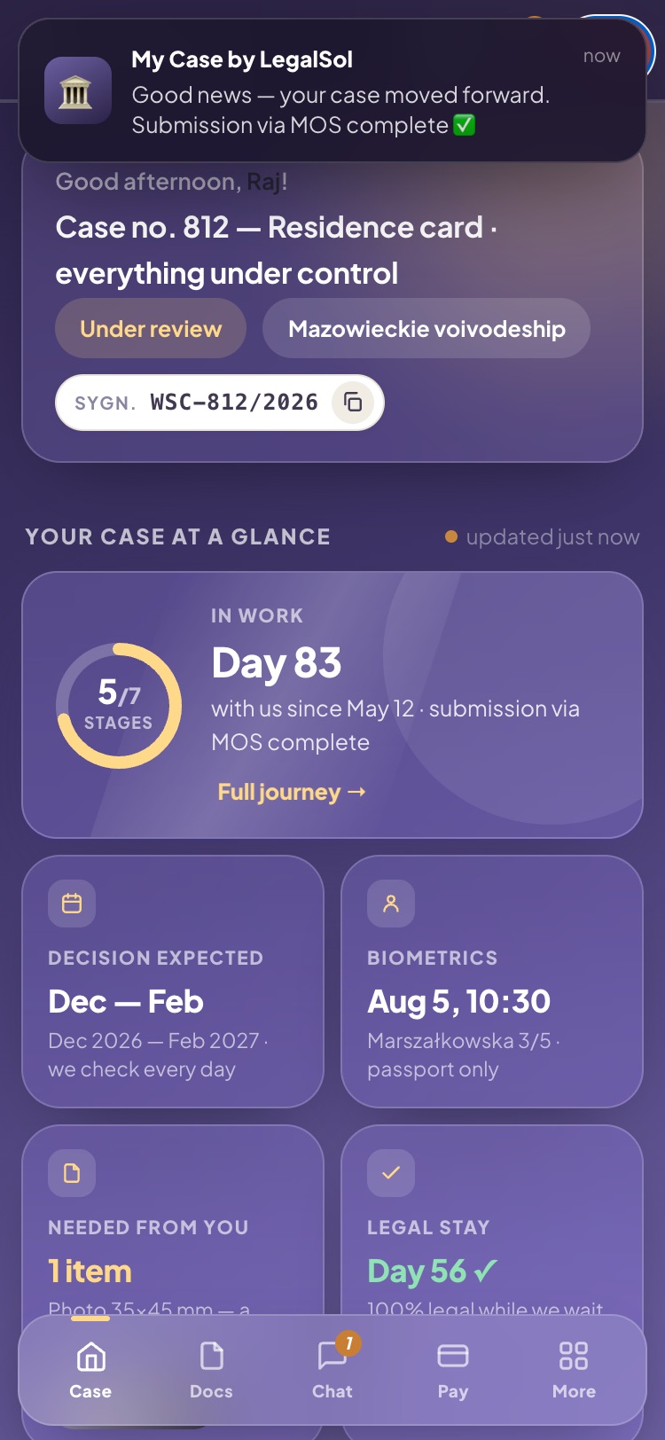Push notification about case progress
