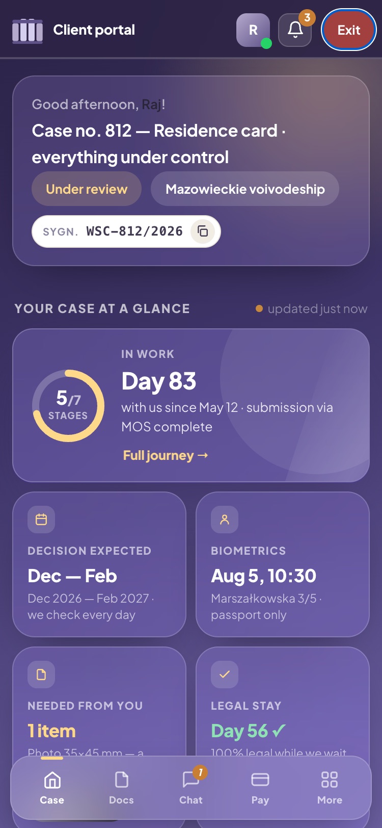 Case tab — the whole case at a glance