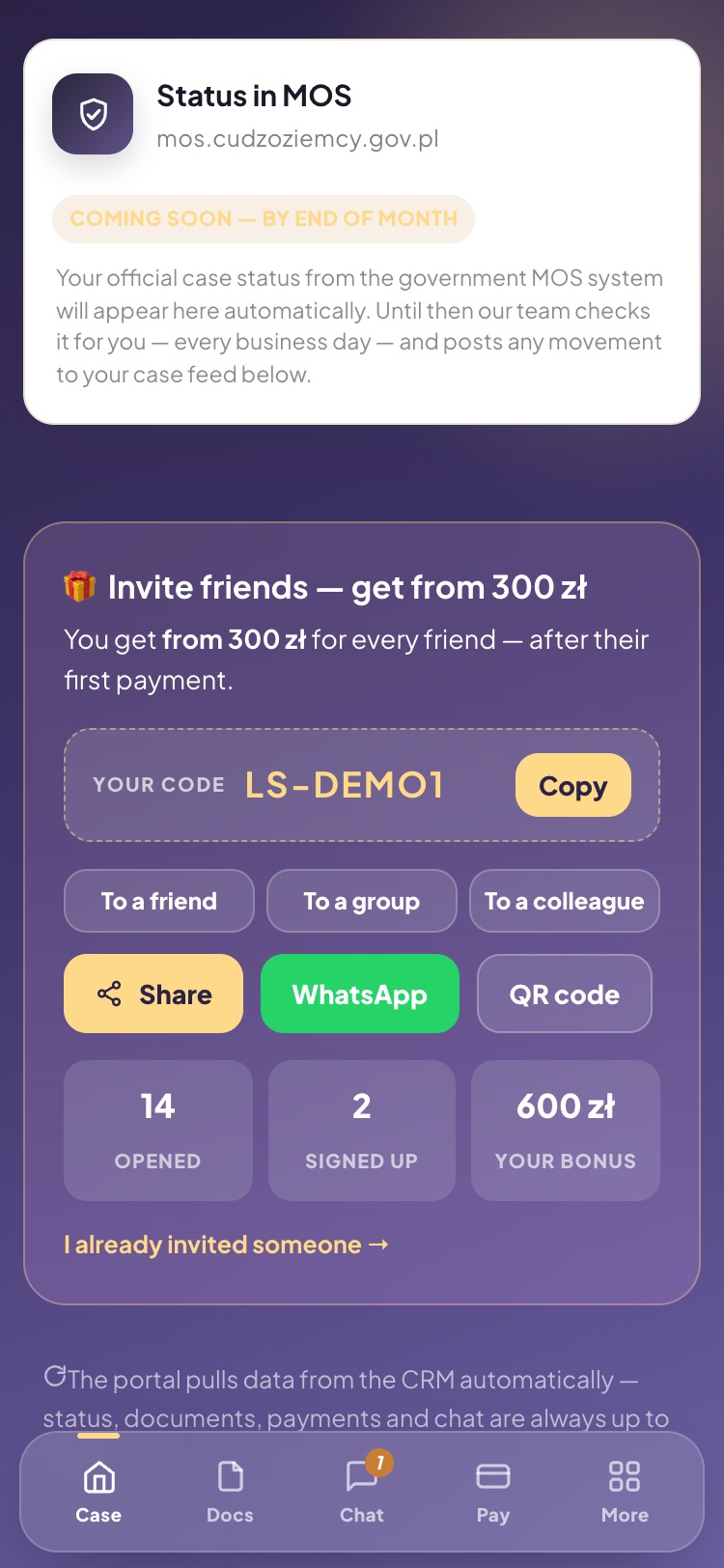 Referral programme — personal code, QR and earnings