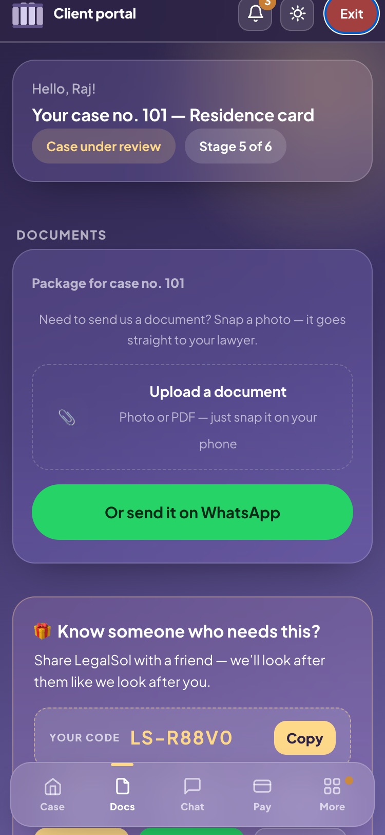 Upload documents from the phone — and receive files from your lawyer