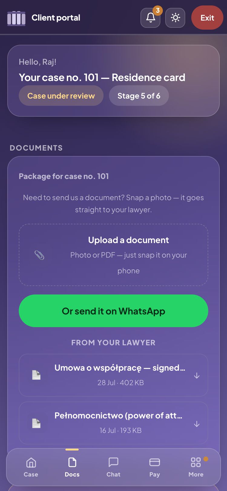 Documents tab — upload a photo or PDF, files from your lawyer below