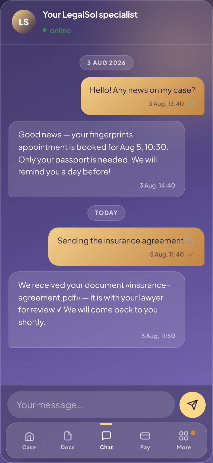 Confirmation in the chat — we received your document, it is with your lawyer