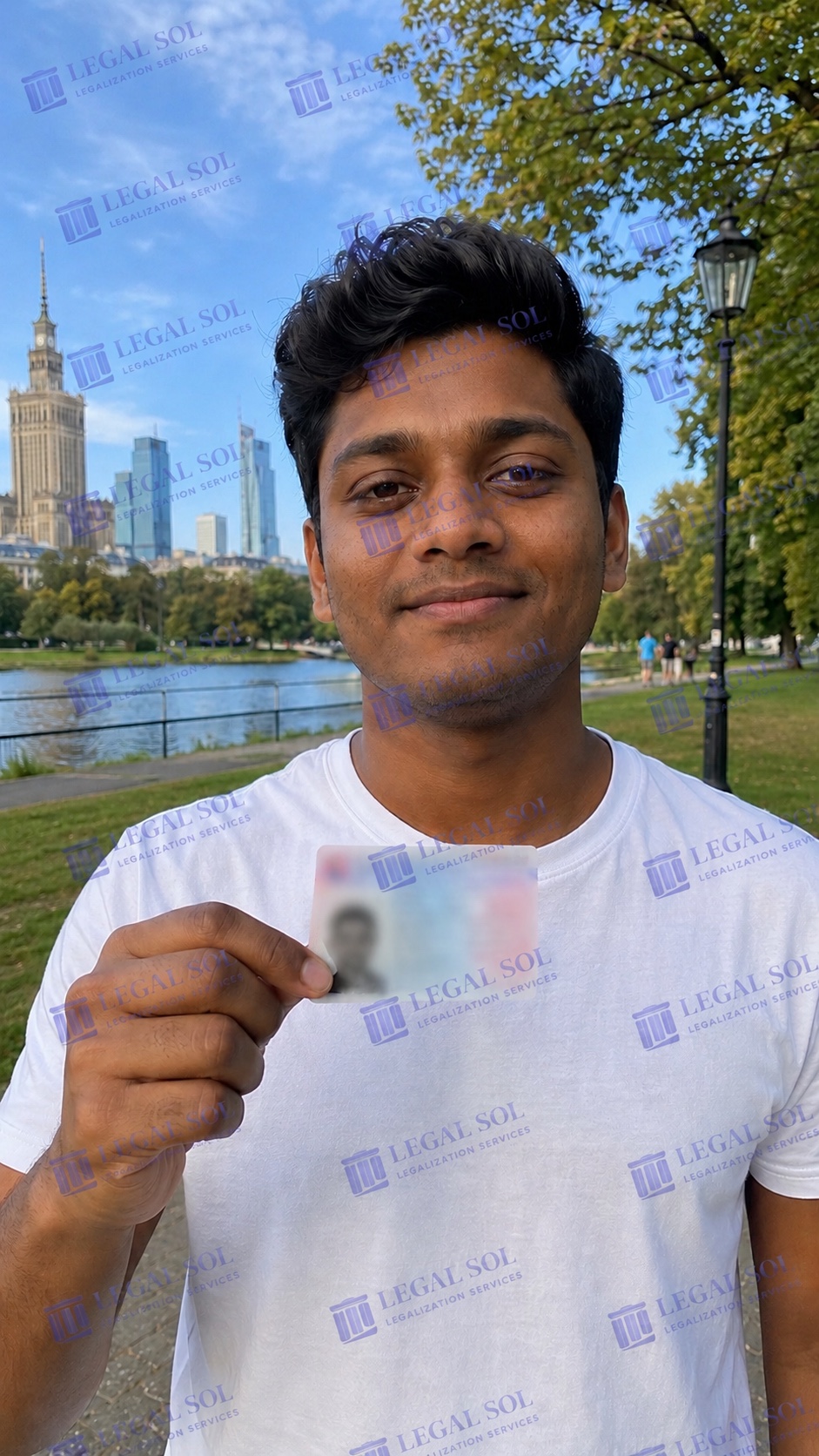 Aryan, LegalSol client outside Warsaw's Palace of Culture holding his residence card