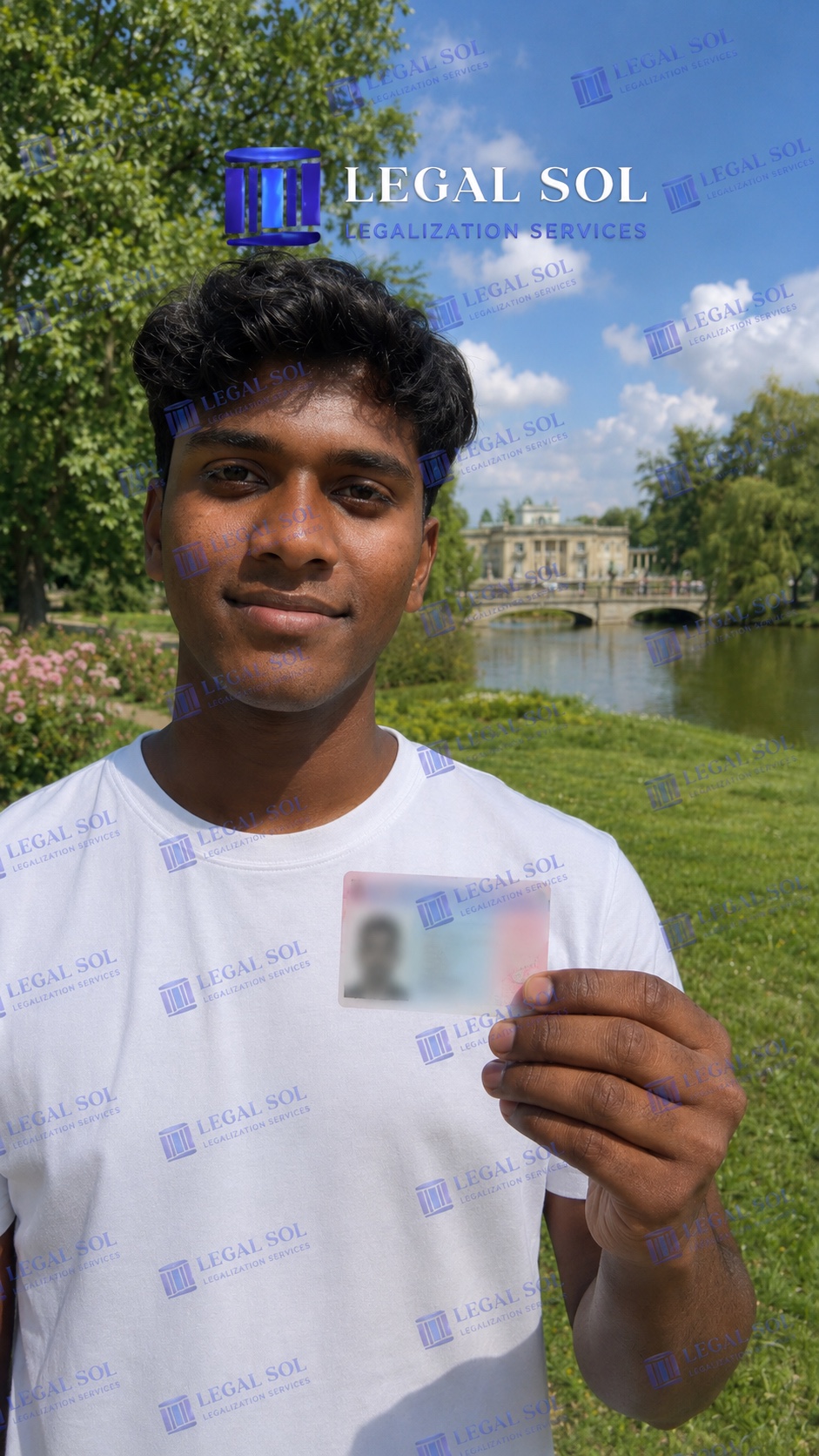 Rajesh, LegalSol client at Łazienki Park holding his residence card