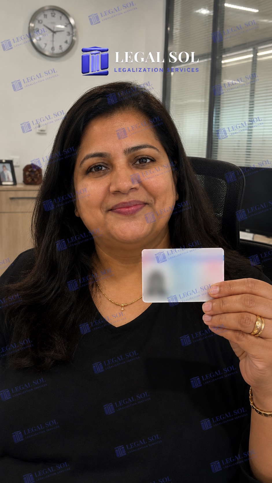 Priya, senior healthcare manager and LegalSol client holding her residence card